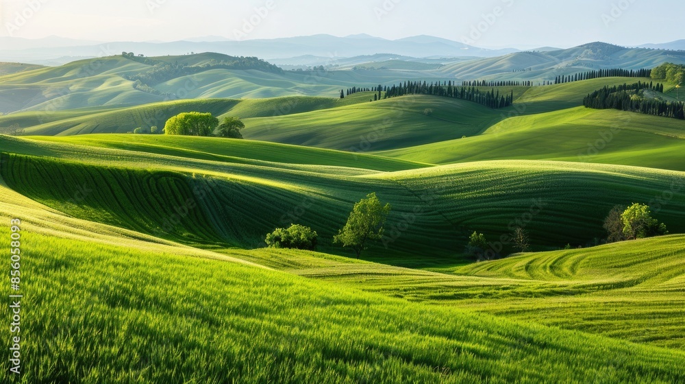 Poster background image of sun shining though tree with green field. landscape. aigt2.