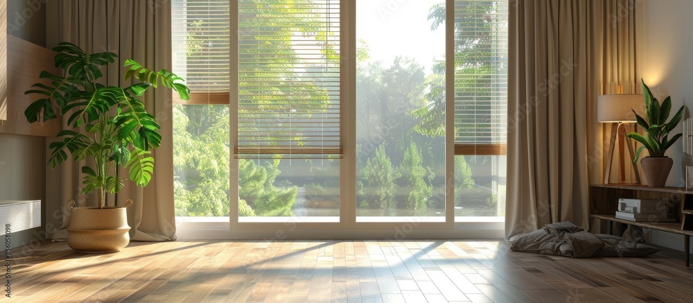 Aufkleber cozy light home interior with large windows, blinds and courtains . copy space image. place for addi