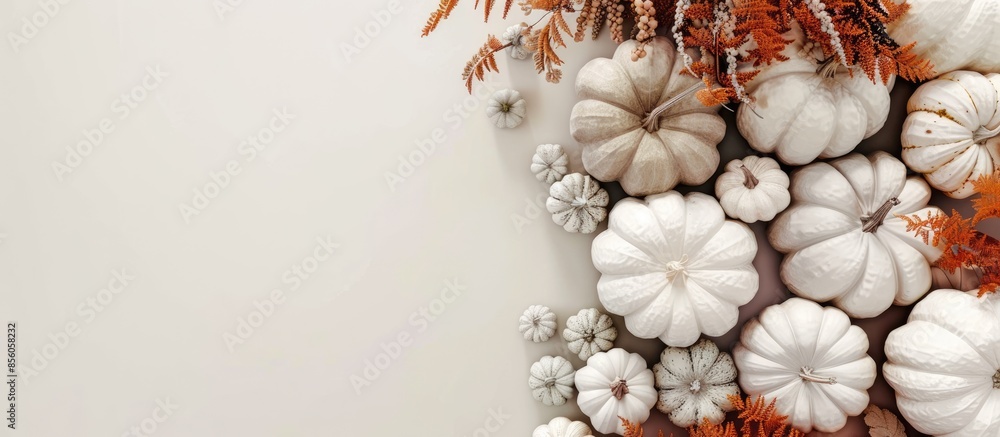 Poster high angle white pumpkins plants. with copy space image. place for adding text or design