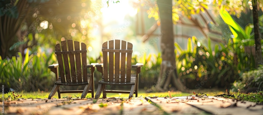 Poster couple chair in the garden background. copy space image. place for adding text or design