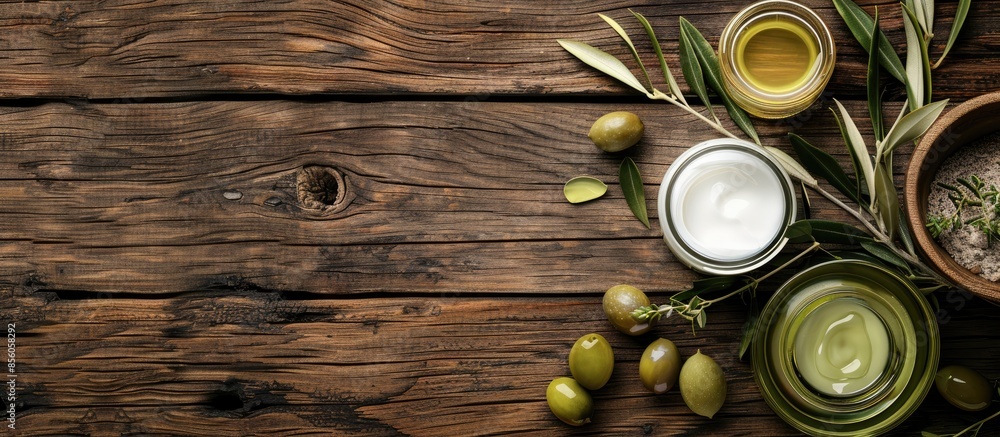 Fototapete serum and moisturizing cosmetic cream with olive extract for skin with branch and olives on wood tab