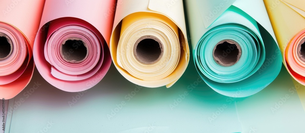 Poster closeup of roll of magazines pastel background  Paper. with copy space image. Place for adding text or design