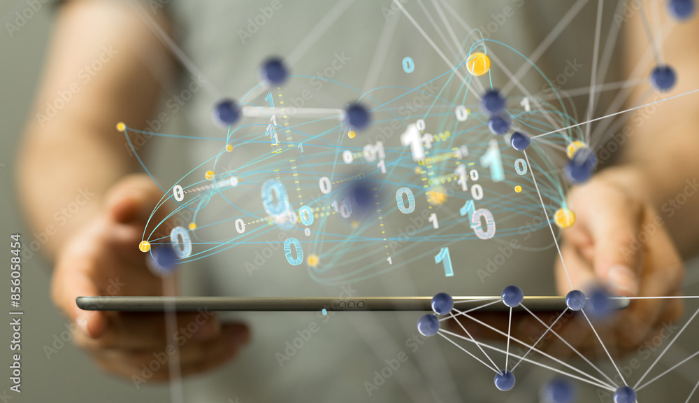 Poster Global network. Blockchain. 3D illustration. Neural networks and artificial intelligence. Abstract  3d
