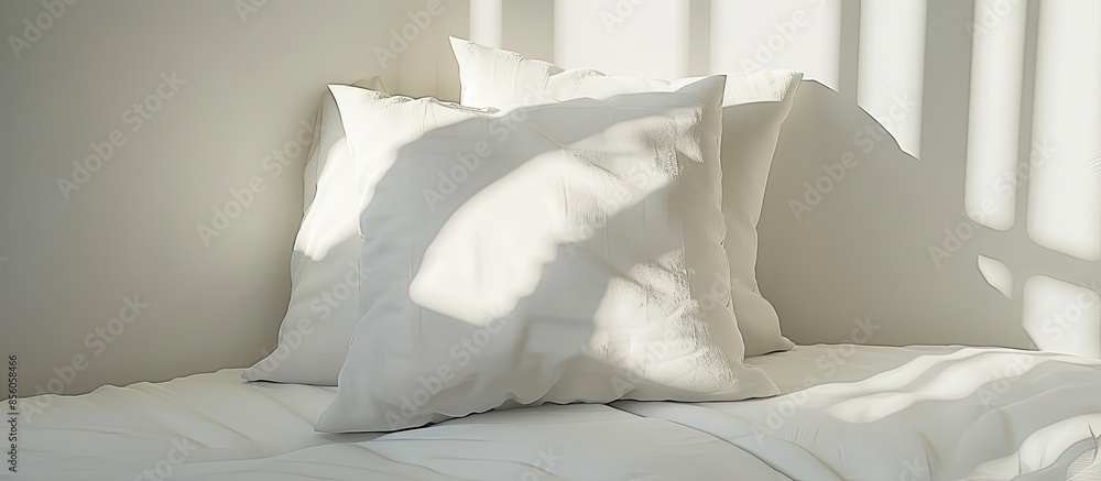 Poster white cushion and white pillow as modern bedroom interior with a stylish combination of trendy room 