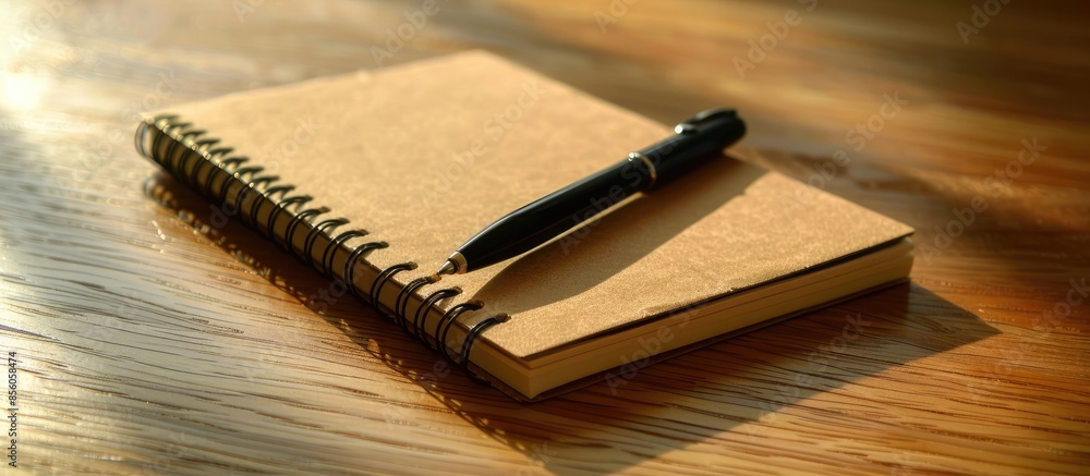 Aufkleber A notebook with a pen sitting on a wooden table. with copy space image. Place for adding text or design