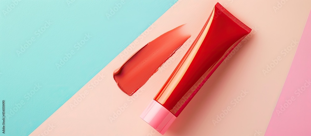 Poster red cosmetic tube in pastel background with clipping path. with copy space image. Place for adding text or design