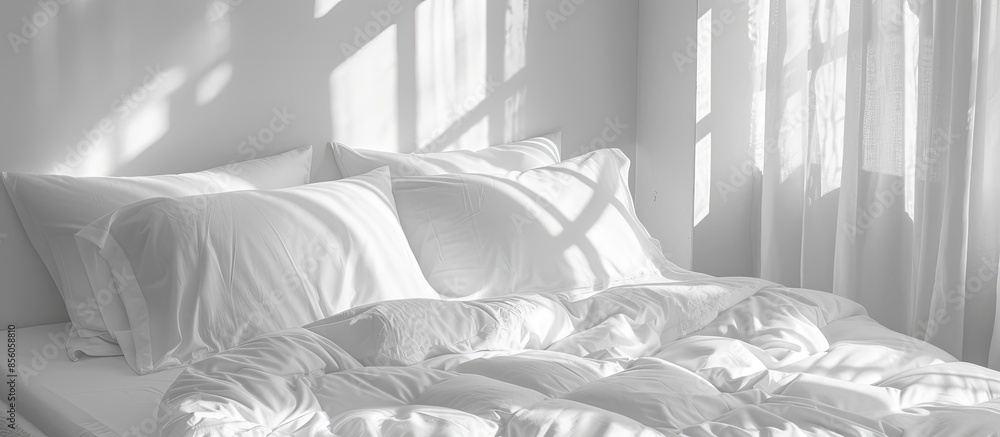 Poster Clean white sheets and pillows on a bed. with copy space image. Place for adding text or design