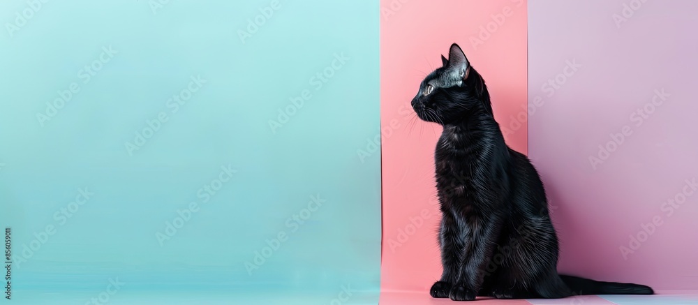 Aufkleber Black cat sitting on pastel background  Isolated  Cat. with copy space image. Place for adding text or design