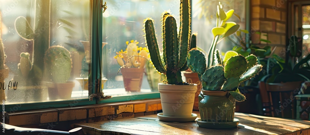 Leinwandbilder Cactus in pot at cafe. with copy space image. Place for adding text or design