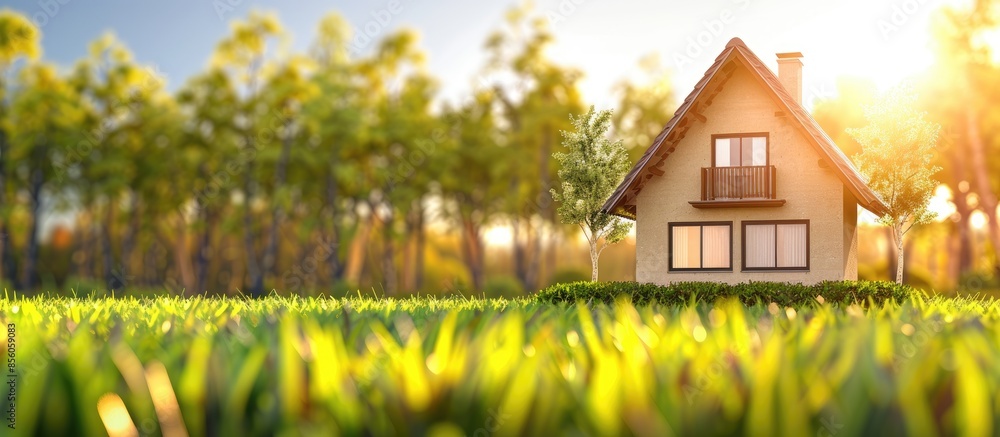 Poster Modern cottage on a background of green grass. with copy space image. Place for adding text or design