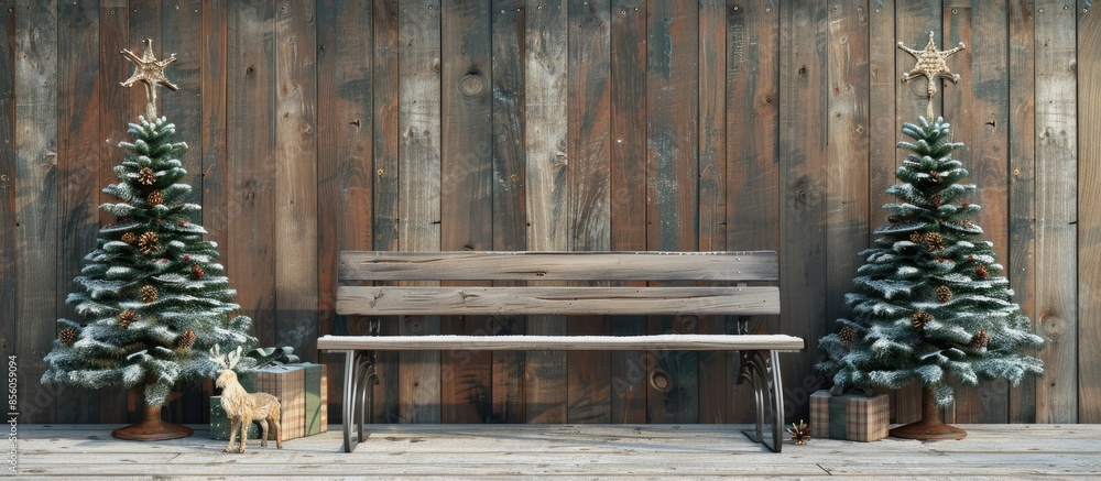 Poster bench with small christmas trees, gift and reindeer near wooden wall. with copy space image. place f
