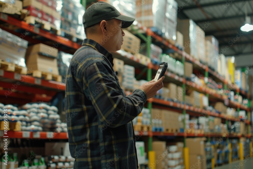 Poster smart project manager looking tablet while checking product at warehouse. aig42.
