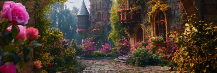 Obraz premium A quaint village scene with an ancient castle in the English countryside, showcasing traditional architecture and lush green landscapes.