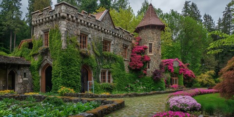 Fototapeta premium An ancient European castle reflected in a tranquil lake, surrounded by lush greenery and historical charm.