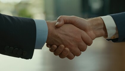Two individuals in business attire shake hands, symbolizing a successful agreement or partnership.