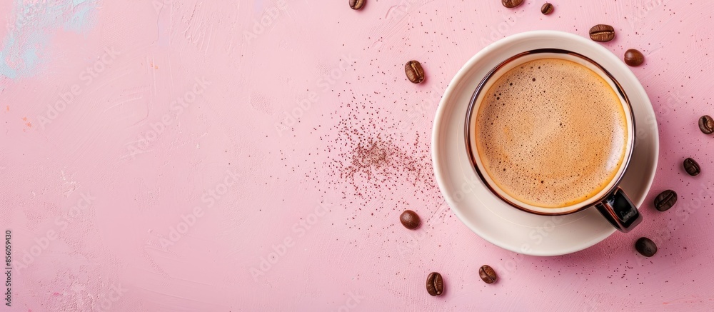 Poster cup of coffee with seed on pastel background food coffee. with copy space image. place for adding te