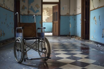 Abandoned Hospital Wheelchair in Dilapidated Hallway