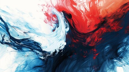 Abstract background, white, blue and red color ink swirl.