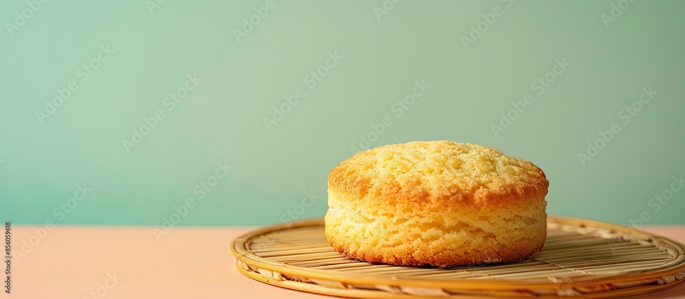 Poster One whole homemade golden coconut biscuit on bamboo coaster Isolated on pastel background. with copy space image. Place for adding text or design