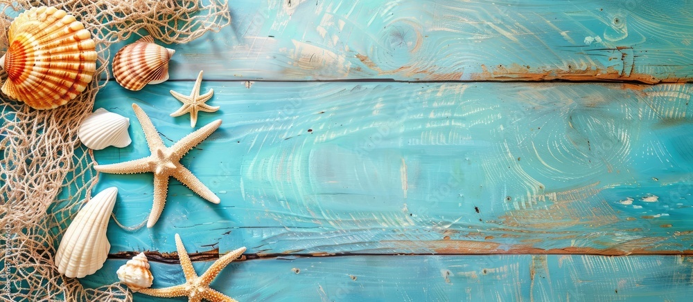 Poster blue wooden background with shells,fishing net and summer souvenirs with empty space for own text. with copy space image. Place for adding text or design