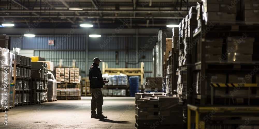 Poster warehouse worker checking and inspecting product quality at storage. aig42.