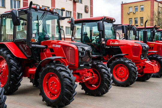 Minsk, Belarus - April 27, 2024: Tractors Belarus on at the tractor factory MTZ in Minsk