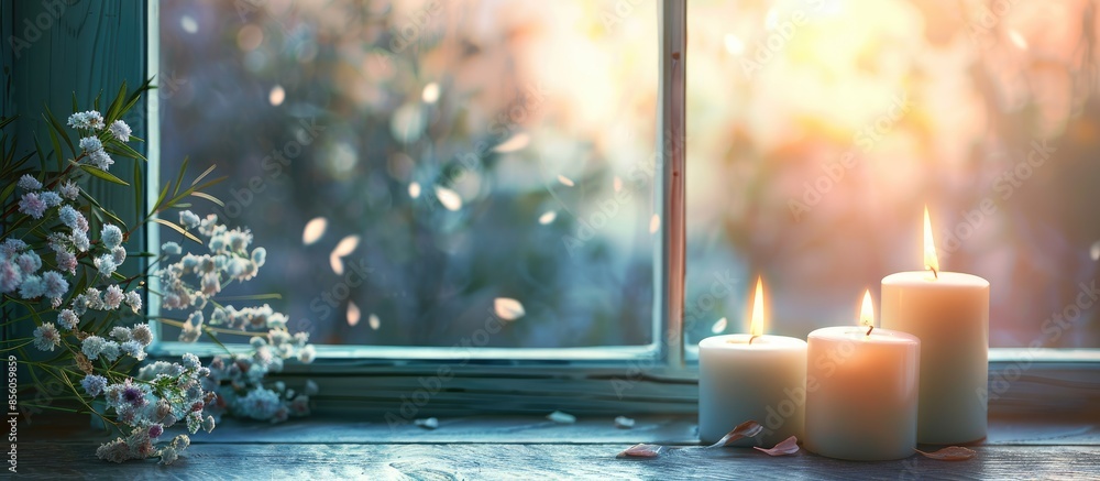 Leinwandbilder beautiful burning candles on windowsill. with copy space image. place for adding text or design