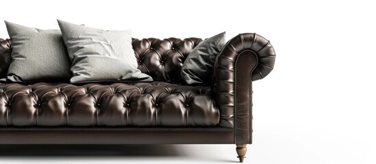 The dark leather sofa with pillows isolated on a white background. with copy space image. Place for adding text or design