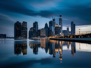 Naklejka premium A cityscape at night with a river in front, reflecting the lights of the buildings.