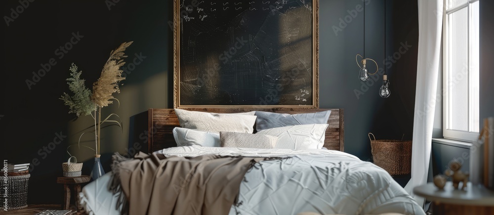 Aufkleber woman bedroom with double bed and decorative blackboard wall. with copy space image. place for addin