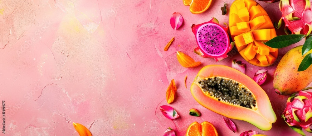 Aufkleber frame of papaya, mango and dragon fruits on pastel background. flat lay. top view. tropical fruit co