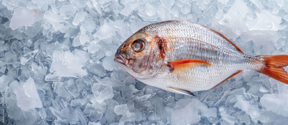 Poster fresh sea fish on crushed ice pastel background food. with copy space image. place for adding text o