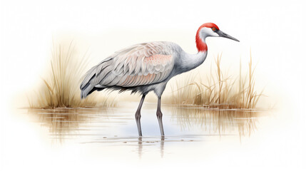 Watercolor illustration of a Sandhill Crane looking for food in the swamp with natural background.