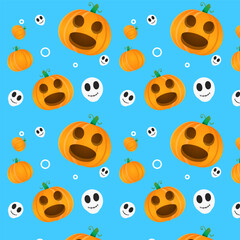 Halloween Pattern with Pumpkins, Skull Spooky Cartoon Style Premium Vector