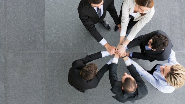 A group of business professionals in suits and formal attire huddle together in a circle with their hands clasped in the center symbolizing unity and teamwork AIG535