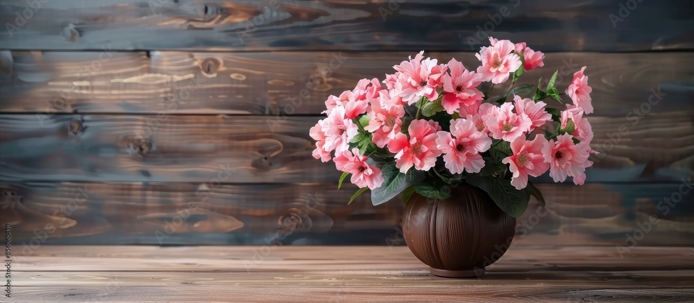Leinwandbilder artificial pink flowers in a vase on wood . with copy space image. place for adding text or design