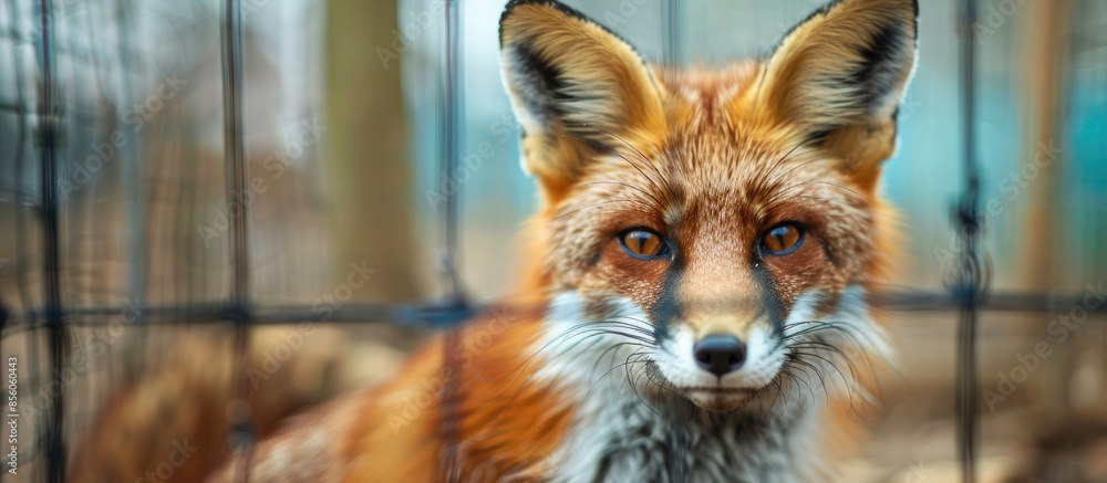 Poster A beautiful fox in a cage in poor conditions. Animal protection concept. Copy space image. Place for adding text or design