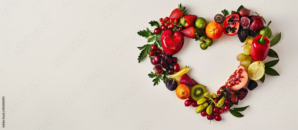 Poster heart shape by various vegetables and fruits. with copy space image. Place for adding text or design