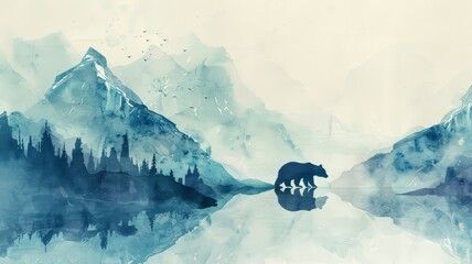 Watercolor Illustration of a Bear in the Mountain Mirror. The bear walks by a clear lake reflecting the surrounding blue mountains. The scene is tranquil, with a minimalist design.