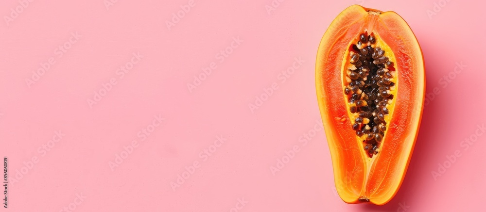 Fototapete Papaya slice Isolated on pastel background, top view. with copy space image. Place for adding text or design