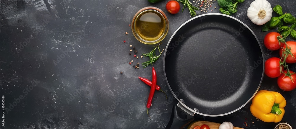 Poster black pan with different vegetables and oil. with copy space image. place for adding text or design