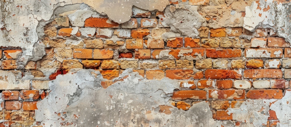 Poster texture of an old ruined brick wall of an ancient building, close up abstract background. with copy 