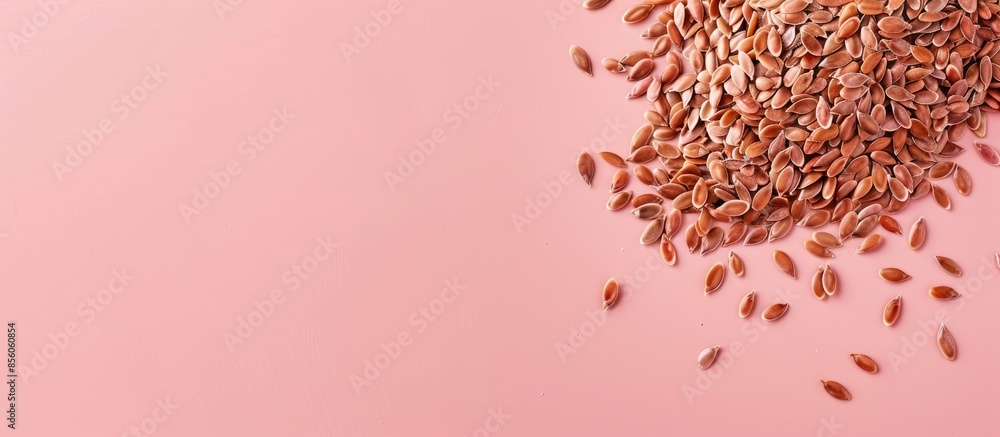 Leinwandbilder Flax seeds isolated on a pastel background, a front view. with copy space image. Place for adding text or design