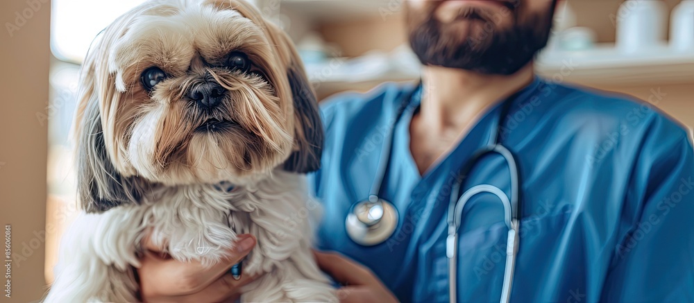 Poster cropped image of unknown male veterinarian examining shih tzu dog at animal clinic, copy space. copy