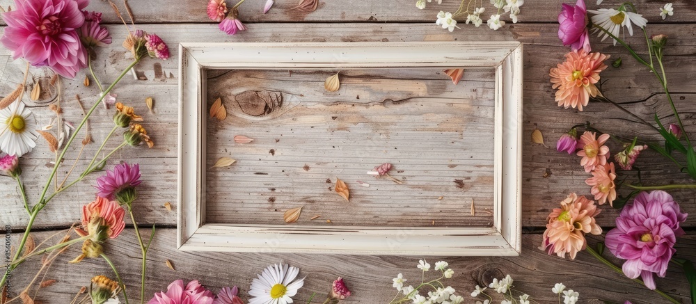 Poster Empty photo frame and beautiful flowers on wooden table, flat lay. Space for design. with copy space image. Place for adding text or design