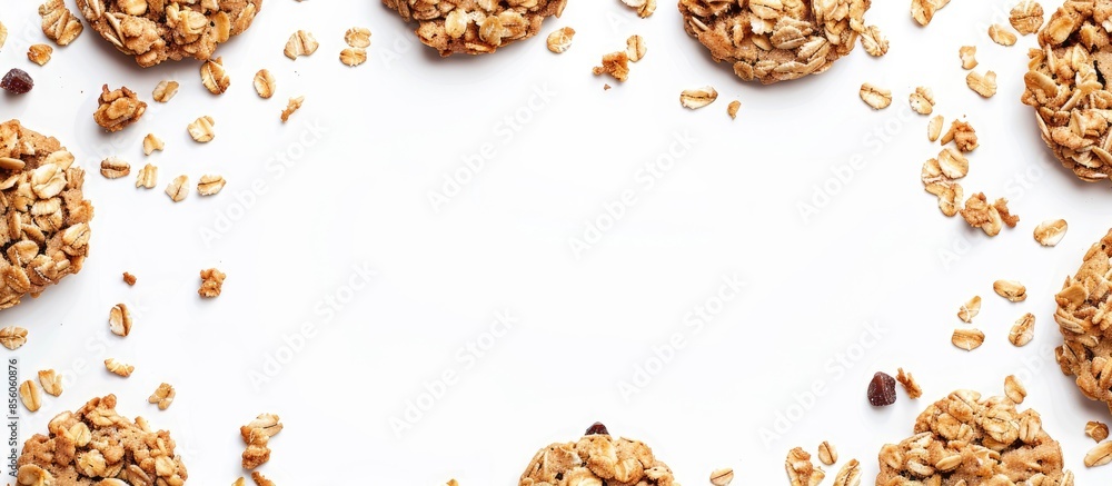 Fototapete Granola cookie isolated on white background with full depth of field. Top view. Flat lay. Copy space image. Place for adding text or design