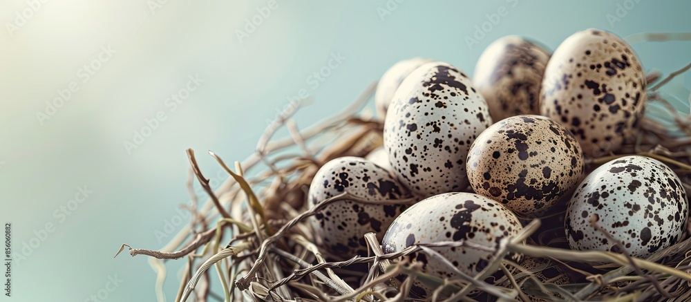 Aufkleber quail eggs in nests. Selective focus, toned photo pastel background. with copy space image. Place for adding text or design