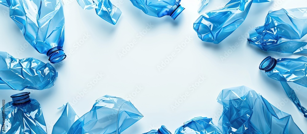 Aufkleber Crumpled blue plastic PET bottles lie in a circle with their necks in the center on a white background, in the middle there is an empty space. Square image format. with copy space image