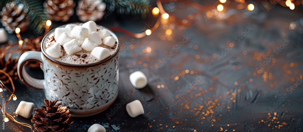 Poster cup of hot chocolate and marshmallow, lights on dark background . with copy space image. place for a