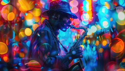 Blues musician performing on stage with colorful lights, showcasing passion and talent AIG58